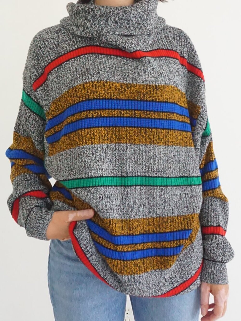 Vintage Gianni Grey Multicolor Striped Colourblock Chunky Knit Sweater 22/24